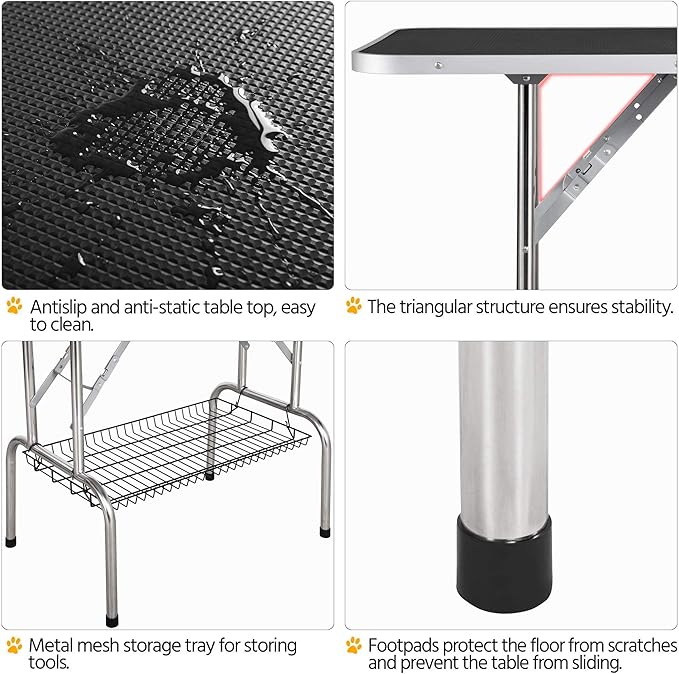 Topeakmart Foldable Pet Grooming Table - Professional Stainless Steel Dog Cat Trimming Table w/Adjustable Arm/Noose/Mesh Tray 45L x 24W x 30H inch Maximum Capacity Up to 265Lb