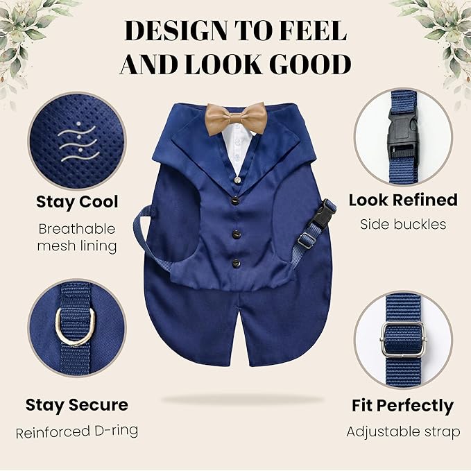 AVERYDAY Dog Tuxedo with Bow Tie for Wedding Outfit, Dog Suit Costume for Christmas Halloween Valentine’s Day, Adjustable Pet Tux Harness with Leash Ring, Formal Wear for Small Medium Large Dogs