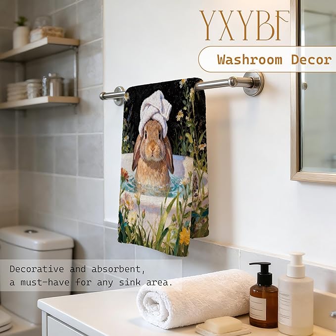 Funny Bunny Hand Towels for Kids Bathroom Washroom Decor 16x24 Inches, Gifts for Bunny Lovers, Floral Rabbit Bathroom Hand Tea Towels Decorative
