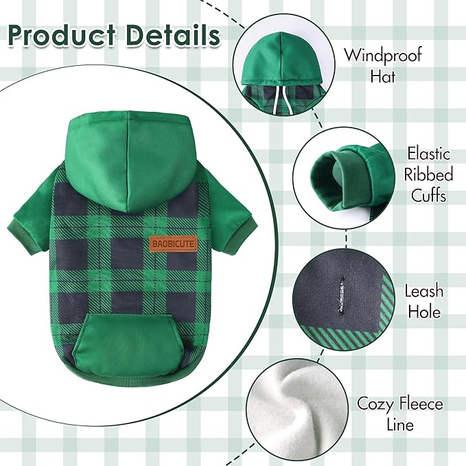Dog Basic Hoodie Soft Dog Clothes Cold Weather Sweaters for Medium Large Dogs Cozy Fabric Warm Sweatshirt with Leash Hole for Boys (Green Plaid, X-Small (2-5 lbs))