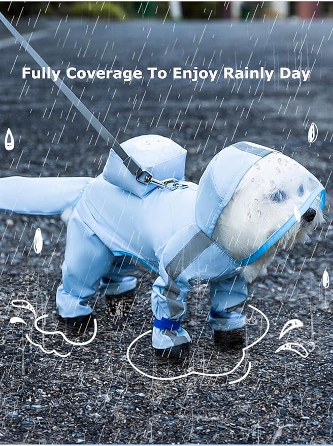 Waterproof Dog Raincoat,Full Coverage 4 Legs Dog Rain Jacket for Small Dogs,Pet Rain Coat with Hood,Reflective Strips&Leash Hole Outdoor Raincoat (Small（for Weight 3.3-5 lb）, Blue)