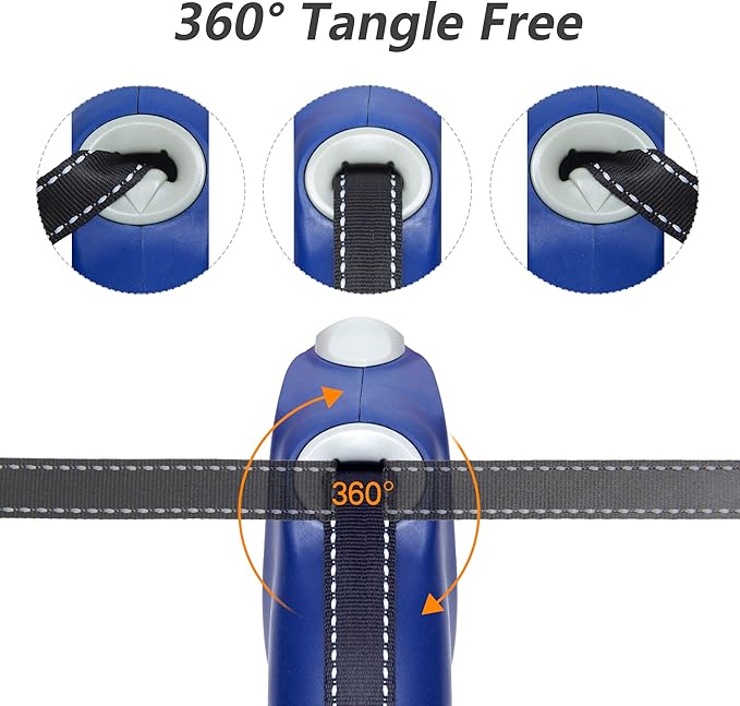 PetiFine 26ft/8m Heavy Duty Retractable Dog Leash for Large Dogs,Strong Extendable Dog Leash Up to 110 lbs, Reflective Nylon Tape Tangle Free (Blue)