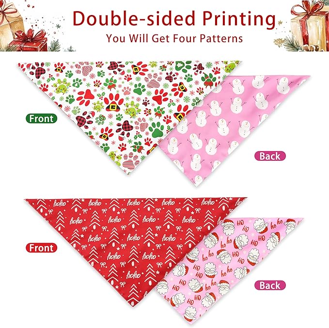 Christmas Dog Bandanas Reversible 2 Pack, Cute Santa Claus Dog Paw Tree Snowman Christmas Pet Bandanas Set Adjustable Triangle Winter Xmas Holiday Scarves for Medium Large Extra Large Boy Girl Dogs