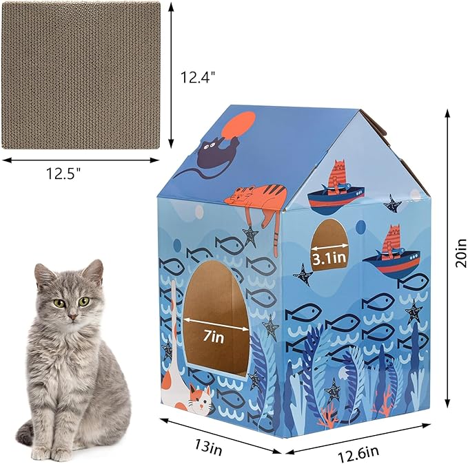Lawei 2 Pack Cardboard Cat Houses with Scratch Pads, Sturdy Cats Play Scratching House for Indoor Hideaway Furniture, Cute Scratching Box Toy for Cat Birthday, Bunny Small Pet Bed, Easy Assembly