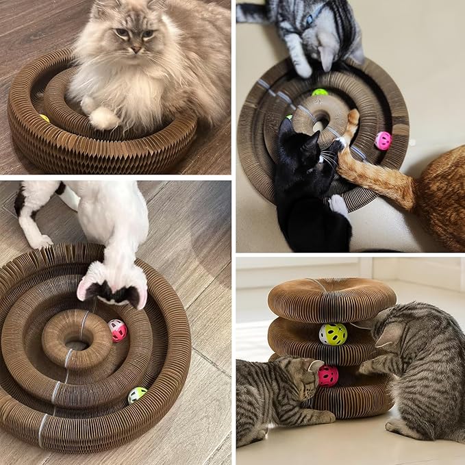 Upgraded Double Layer Curls Cardboard Cat Toy, Magic Organ Cardboard Cat Scratcher with Cat Toy Ball Track for Kitten Kitty, Foldable Accordion Interactive Cats Ball Toy for Indoor Cats