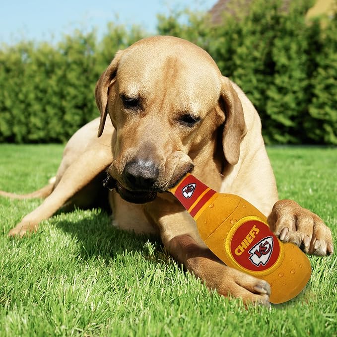 NFL Kansas City Chiefs Beer Bottle Plush Dog & CAT Squeak Toy - Cutest Stadium SODA Bottle Snack Plush Toy for Dogs & Cats with Inner Squeaker & Beautiful Football Team Name/Logo
