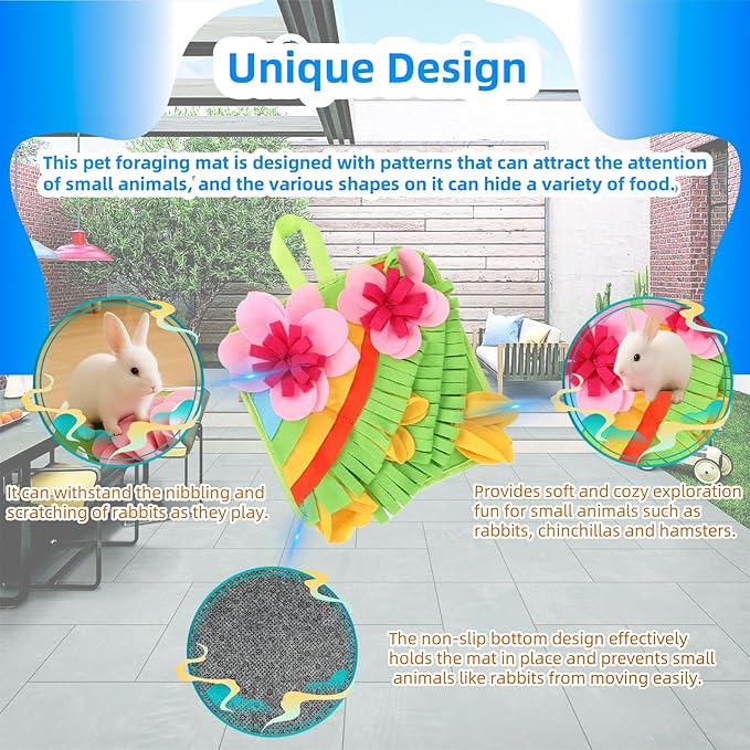 Rabbit Foraging Mat, Rabbit Snuffle Mat Guinea Pigs Hay Feeder Small Pet Puzzle Toy Interactive Feeding Game for Bunny Chinchillas Hamsters Ferrets Small Animals Treat Dispenser Anti Slip Feeding Mat