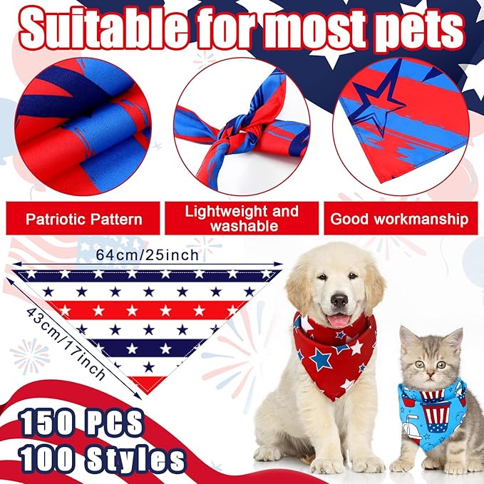 Huhumy 100 Pcs 4th of July Dog Bandanas 250th Anniversary Pet Bandanas Bulk Patriotic Independence Day Triangle Pet Bibs Scarf for Medium Large Dogs 250th Anniversary 4th of July Festival Decor