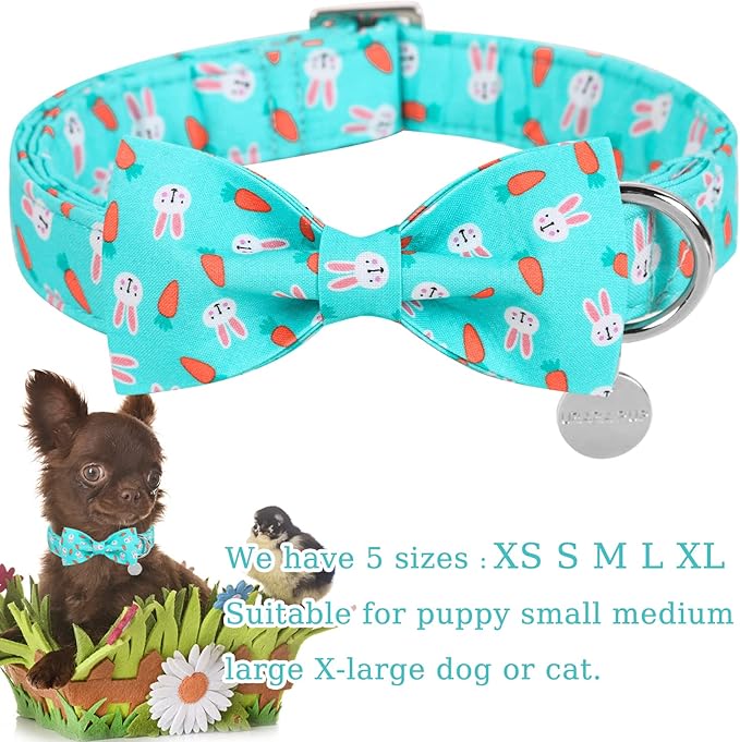 Easter Dog Collar with Bow Tie, Cotton Easter Bowtie Collar for Puppy Girl Boy Dog or Cat, Cute Carrot Pet Collar with Metal Buckle, Easter Gift Rabbit Dog Collar, XS