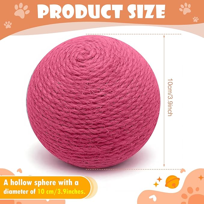 3.94 inch Sisal Cat Ball Toy, Interactive Natural Cat Scratching Ball, Perfect Scratcher for Cats' Exercise and Fun (Rose Red)