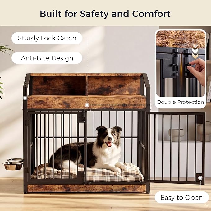 IRONCK Dog Crate Furniture with 360° Rotatable Bowls, 39.4" Wooden Dog Kennel Indoor with Top Storage Shelves, Heavy Duty Decorative Pet Crate End Table with 4 Hooks for Medium Dogs, Rustic Brown