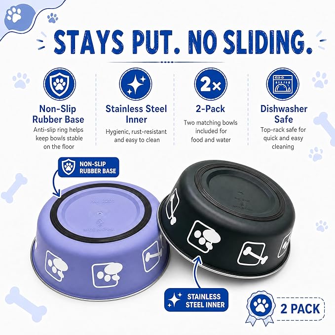 2-Pack Dog Bowls, Stainless Steel Pet Bowls, Thickened Rust-Proof Inner Bowl, Non-Slip Rubber Base, 2-in-1 Food & Water Bowl for Indoor Use (Black + Purple) (Black + Purple, S)