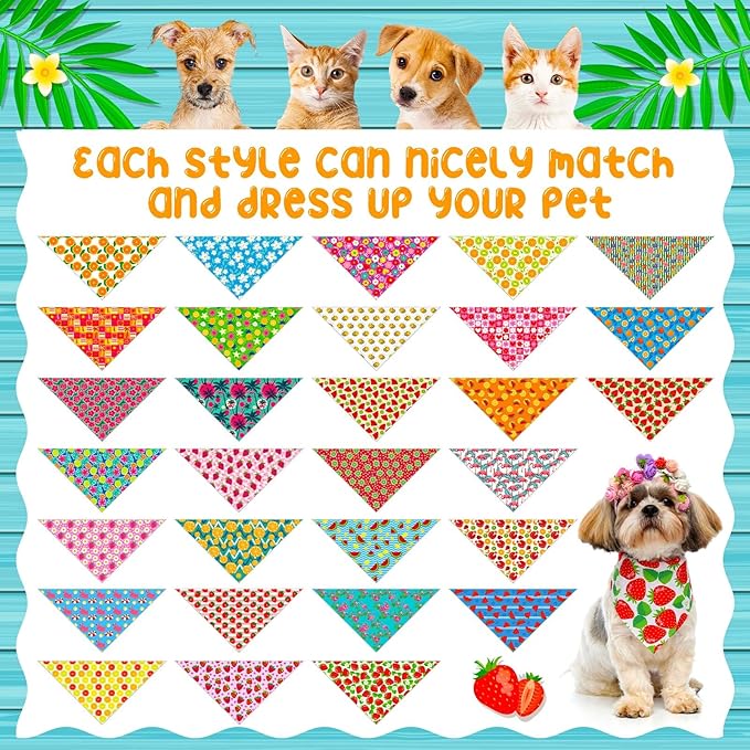 Sanwuta 120 Pcs Summer Bandanas for Dogs Bulk Hawaiian and Fruit Dog Triangle Bandanas Washable Pet Scarves Adjustable Bibs for Small and Medium Pets, 30 Styles