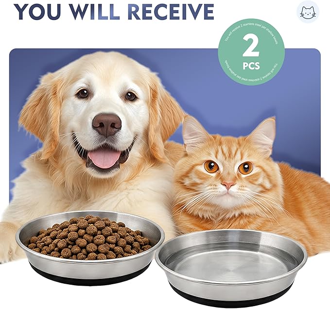 Stainless Steel Shallow Cat Bowls 2 Pack, Whisker Fatigue Free Design, Non-Slip Silicone Base, Heavy Duty Metal Plates, Replacement for Elevated Stands, Suitable for Cats, Kittens and Small Dogs