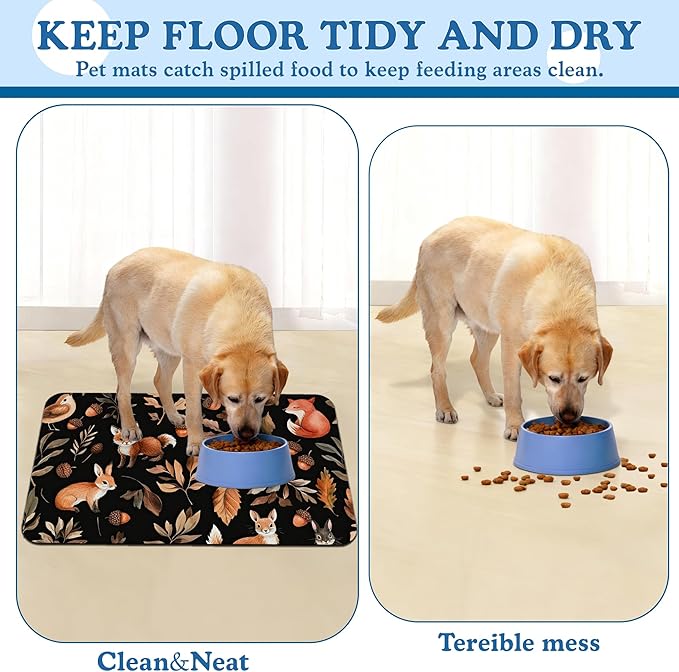 Wild Forest Animals Pet Feeding Mat–Quick Dry Absorbent Dog Cat Food Mat, Non Slip Waterproof Bowl Placemat for Messy Eaters, Pet Accessories for Floors 16"x24"