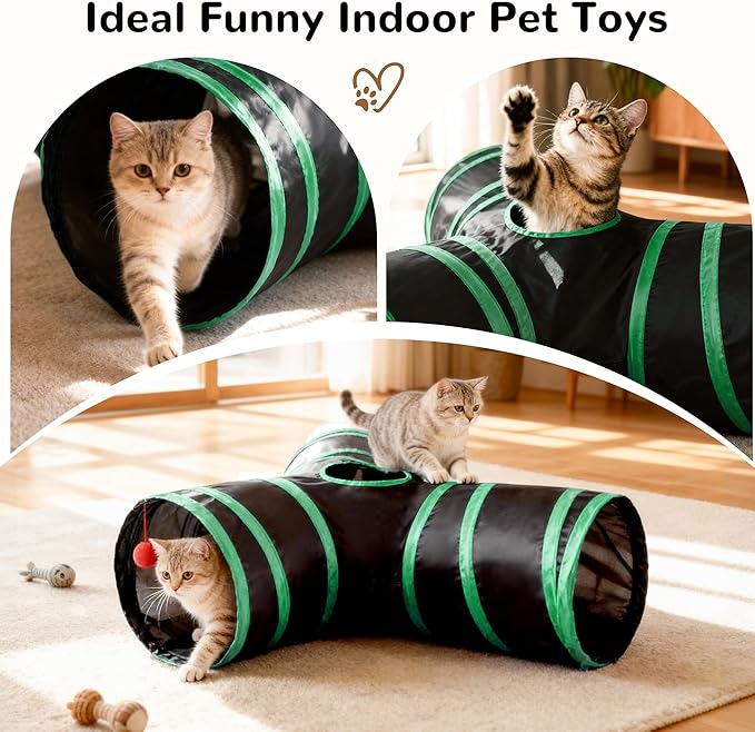 Tempcore Cat Tunnel for Indoor Cats, 3-Way Collapsible Play Tunnel with Teaser Wand, Peek Holes & Toy Ball, Small Pet Toy for Kittens & Rabbits, Black & Green