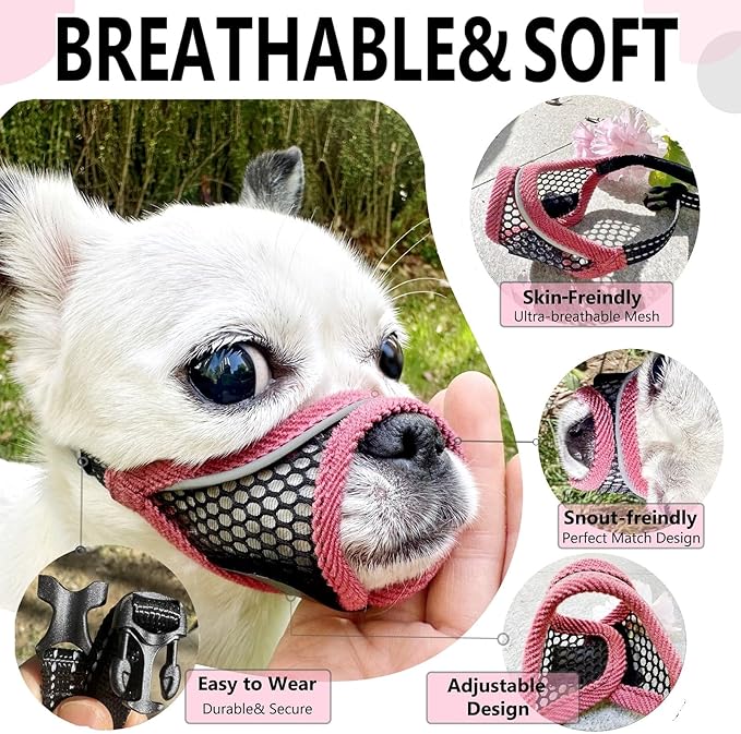 Dog Muzzle, Soft Mesh Muzzles for Small Dogs, Chihuahua Shih Tzu Yorkie Pom, Short Snout Mouth Guard for Barking Biting Grooming, Breathable Adjustable Puppy Muzzle (Cherry-red, XXS)