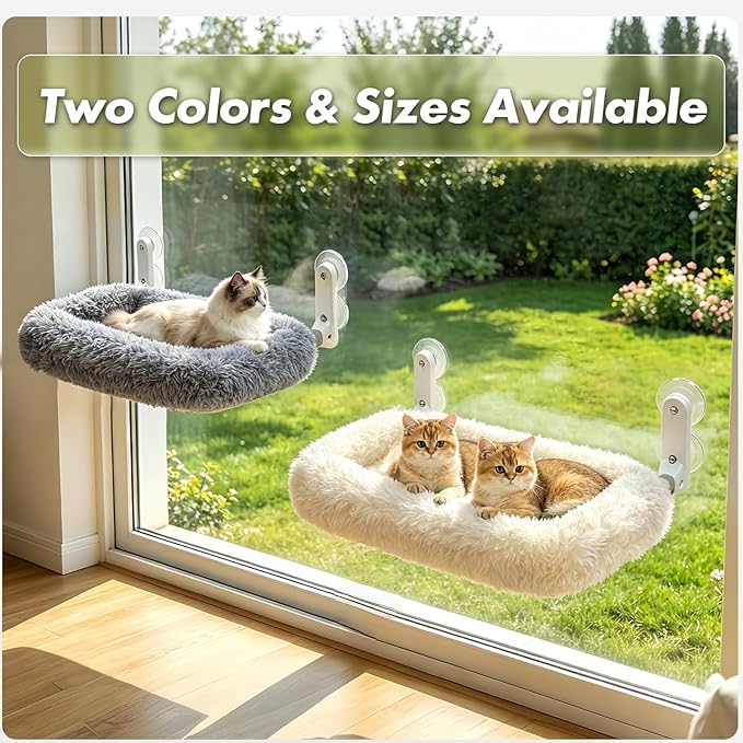Zoratoo Cloud-Snuggle Cat Window Perch with 4-Sided Ultra-Thick & Fluffy Plush Cushion Bed, Foldable Cordless Cat Window Hammock for Window with Sturdy Metal Frame for Large Cats and Kittens (L, Gray)