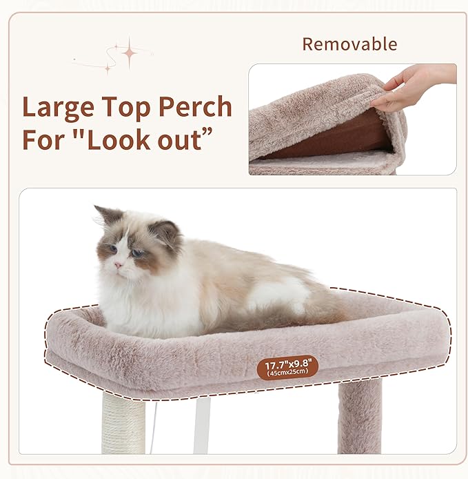 Gitelsnour 51.2'' Cat Tree Tower, Cat Tower with Scratching Post, Sturdy Steel Pube Cat Tree for Inoor Cats Large Adult, Cat Hammock and Basket, Padding Top Platform, Mushroom GCT014MU