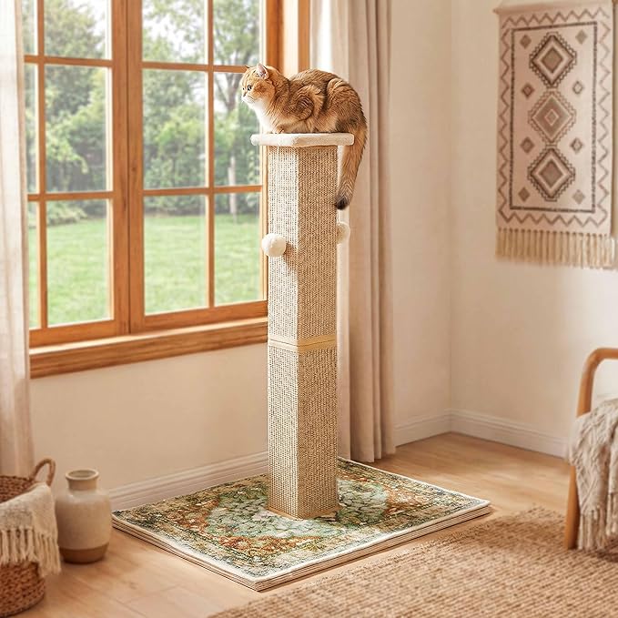 Tall Cat Scratching Post for Indoor Cats Adults, 33'' Large Cat Scratch Post with Perch, Cute Cat Scratching Post with Boho Carpet ＆ Dangling Ball Toys, Green