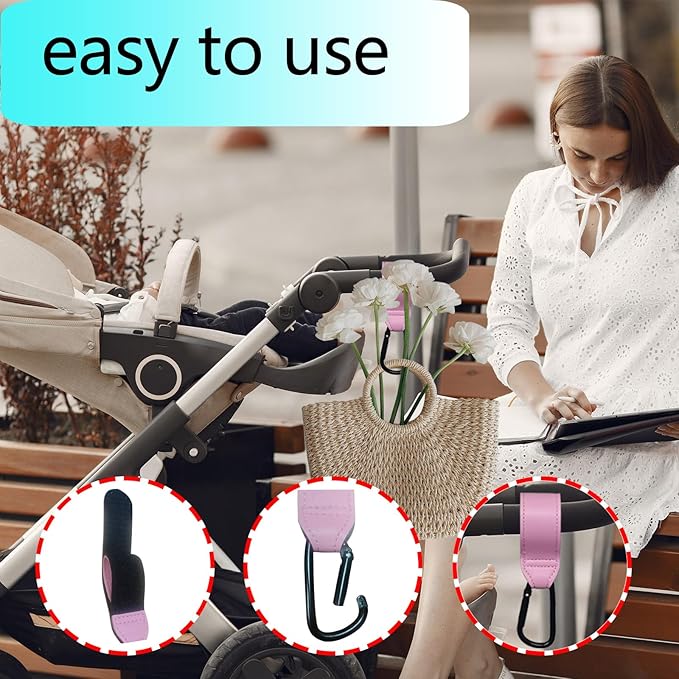 Stroller Hooks, 2 Pack Stroller Clips with Self-Locking Buckle, Hook and Loop Strap for Baby Stroller, Shopping Cart (Grey)