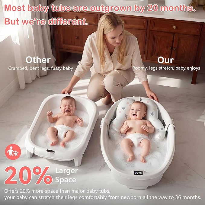 Collapsible Baby Bathtub - Large Baby Bath Tub with Thermometer | Bath Essential Bañera para Bebe Easy Fold Baby Tub | Travel Infant Newborn Toddler Bathtub for Baby Girl Boy 0 to 36 Months (Grey)