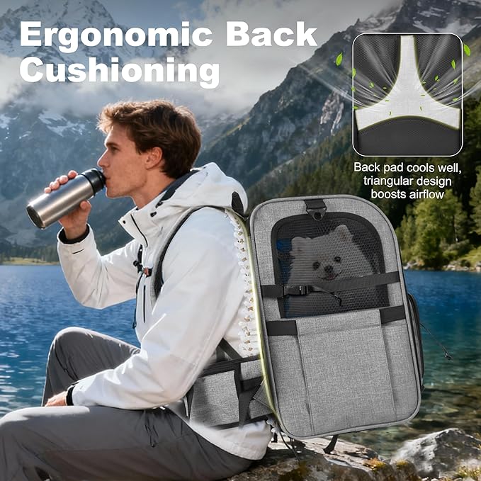Dog Carrier Backpack for Small Dogs - Breathable Mesh Hiking Bag with Safety Buckle, Adjustable Straps and Elevated Pad - Durable for Hiking (Fits Small Cats Too, Up to 17lbs, Gray)