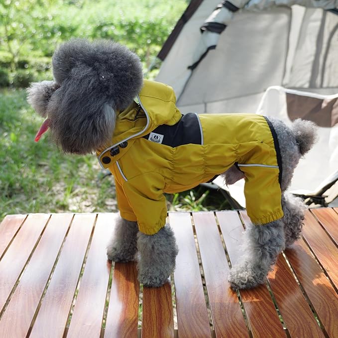 LOVELONGLONG Fleece-Lined Dog Raincoat with Removable Hood – Waterproof Winter Full Body Dog Jacket – Windproof Snowproof Cold-Weather Suit – Yellow-F M