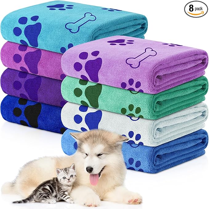 Chumia 8 Pcs Dog Towels for Drying Dogs Cats Pet Towels Bulk Puppy Microfiber Fast Drying Paw Bath Bathing Supplies Absorbent for Medium Pets(40 x 24 Inch,Dog Paw and Bone,Classic Color)