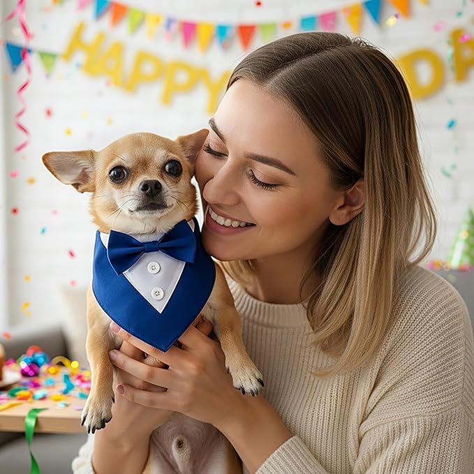 ADOGGYGO Blue Dog Tuxedo Bandana, Formal Wedding Bow Tie Collar, Adjustable Birthday Wedding Costume for Extra Small Dogs Cats (XS)