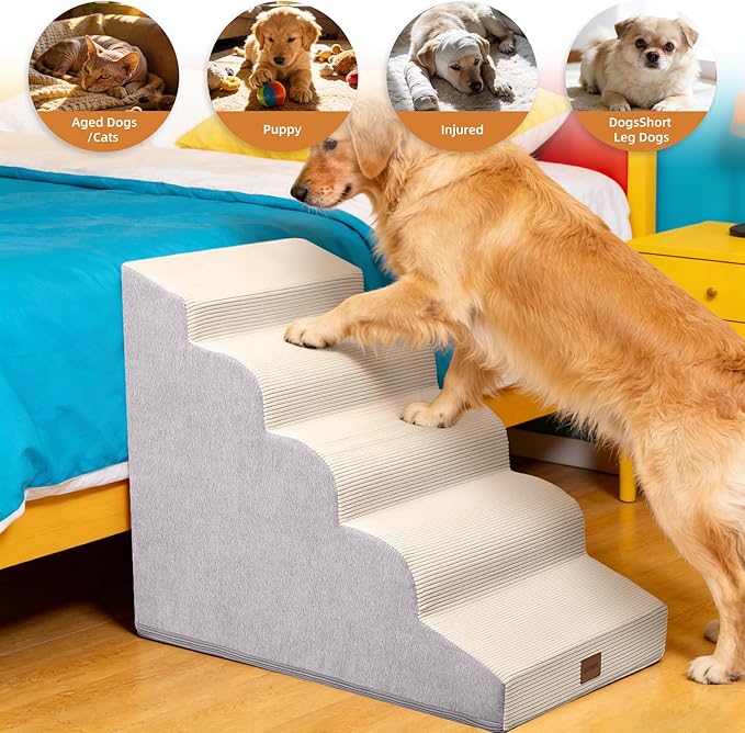 Dog Stairs for Small Dogs and Cats, 22.6" H, 5-Step Curved Pet Ramp for High Bed, Non-Slip Medium Pet Steps with High Density Foam, Beige