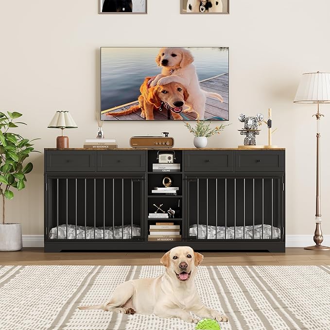 IDEALHOUSE 82" Large Dog Crate for 2 Dogs, Dog Kennel Indoor with 4 Drawers and Shelves, Double Dog Crate Furniture TV Stand, Wooden Dog Cage for Medium Large Dogs, Black