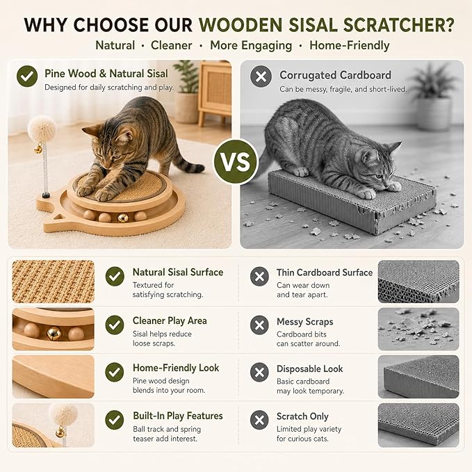 Cat Scratcher Board with Natural Sisal, Interactive Cat Track Toy with Spring Ball – Durable Kitten Scratching Pad for Indoor Cats, Kitty Wooden Cat Toy Stress Relief & Fun Exercise