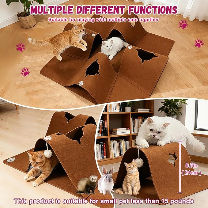 Cat Tunnel Play Mat for Indoor Cats, Felt Interactive Pet Toy with Hidden Ball, Enrichment Activity Rug, Collapsible Cave for Kittens & Small Pets (Brown)