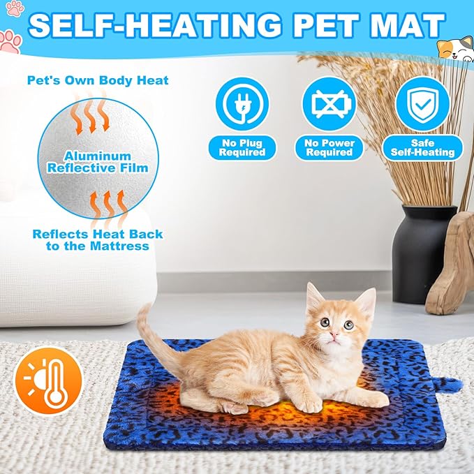 Riakrum 4 Pack Self Warming Cat Bed Mats Leopard Print Cat Dog Thermal Blanket Double Sided Self Heating Pet Pad with Storage Bags for Pet Winter Outdoor Indoor Supplies, Non Electric(Small)