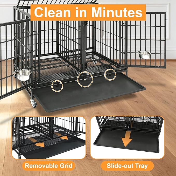 Homey Pet 43 Inch 2 Tiers Dog Crate Cage Kennel with Divider, Stackable Heavy Duty Dog Crate for Large Dogs, Escape Proof Indestructible Dog Kennel Indoor with Removable Tray, Lockable Wheels(4 Packs)