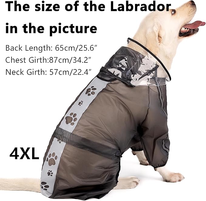 Olsa Dog Raincoat, Dog Hooded Slicker Poncho, 4 Legs Rain Jacket with Reflective Stripe, Transparent Water Proof Resistant Rain Snow Clothes for Small Medium Large (Black, 3XL)