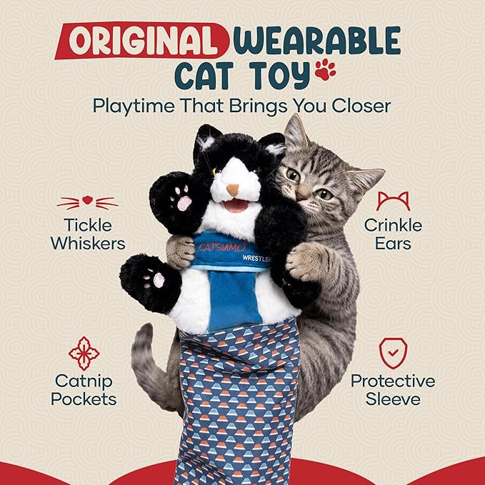 Cat Wrestling Glove Puppet – Interactive Hand Mitt with Durable Protective Sleeve and Catnip - Play & Enrichment
