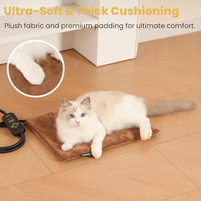 Pet Heating Pad for Cats and Dogs, Heated Cat Bed & Dog Heating Pad with 5 Temperature Levels, Waterproof Heated Pet Mat with Timer, Auto Power-Off and Chew Resistant Cord, 20'' x 16''