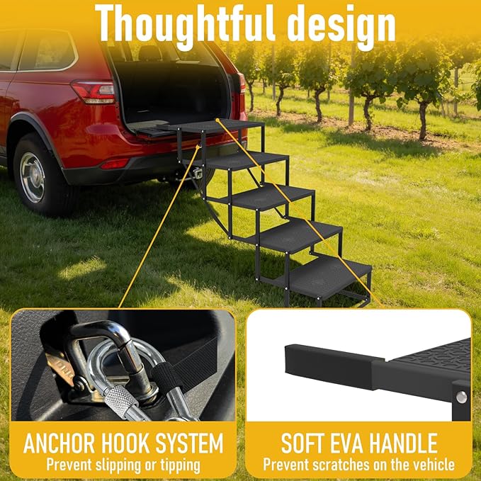Dog Steps for Car, 5 Steps Foldable Dog Stairs for Large Dogs with Upgraded Non-Slip Surface, Pet Ramp Alternative, Heavy-Duty Plastic Pet Stairs for Vehicles, SUV, Truck, Lightweight & Portable