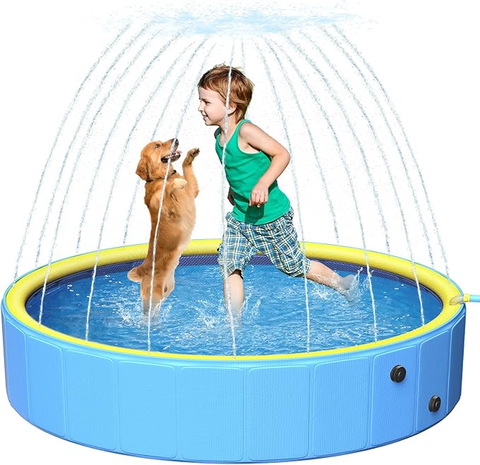 Yivsen Sturdy 47in Hard Plastic Anti-Slip Dog Pool, 2-in-1 Foldable Portable Kiddie/Kids Pool with Sprinkler, Swimming Puppy Pools for Summer Outdoor Backyard Activities