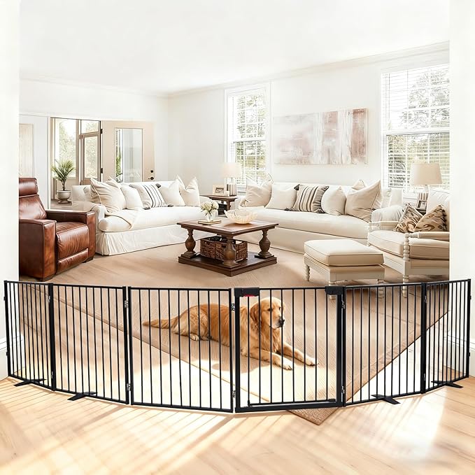 156" Extra Wide Dog Gate, Heavy Duty Metal Freestanding Dog Gate with Door for Indoor & Outdoor, Foldable Pet Fence for Doorways,House,Porch,Deck,Yard,Stairs, Auto Close(6 Panels,Black)