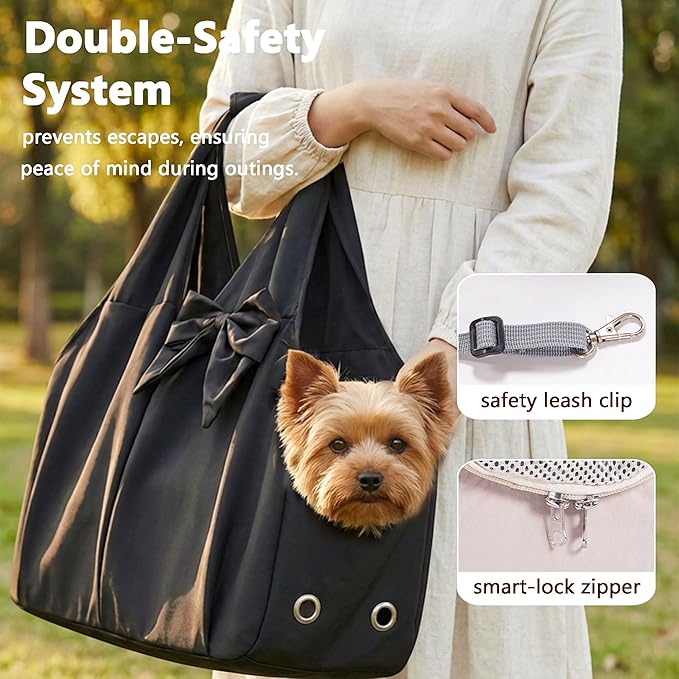 Dog Purse Carrier for Small Dogs, Soft Dog Tote Bag Carrier with 4 Large Pockets, No Collapse, Lightweight, Smart Zipper Lock, Comfortable Puppy Cats Rabbit Carrier for Travel, Outdoor(Black)