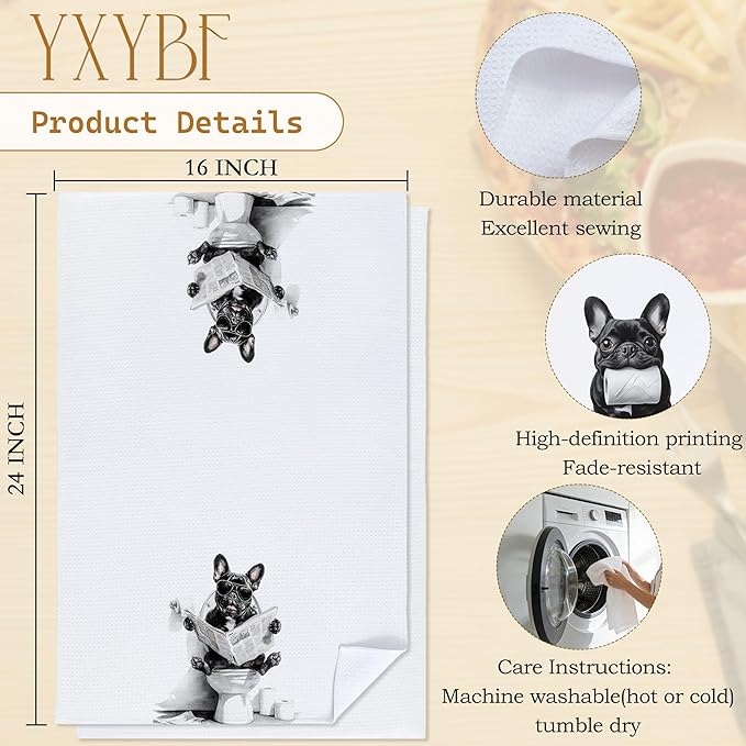 Funny French Bulldog Hand Towels for Bathroom Washroom Decor 16x24 Inches, Frenchie Gifts for Women Men, Funny Frenchie Dog Bathroom Towels Decorative, Set of 2