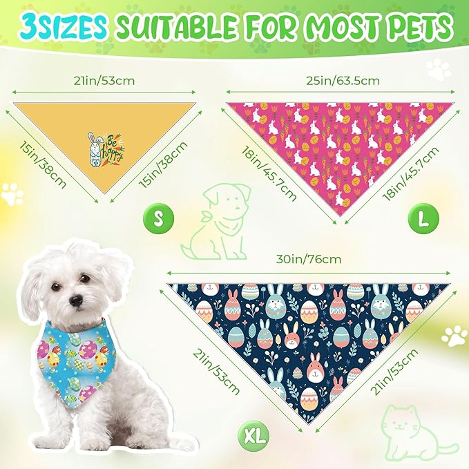 Huhumy 100 Pcs Spring Dog Bandanas Bulk in 3 Sizes, Washable Pastel Floral & Bunny Pet Scarf Bibs, Grooming Accessories Assortment for Small Medium Large Dogs