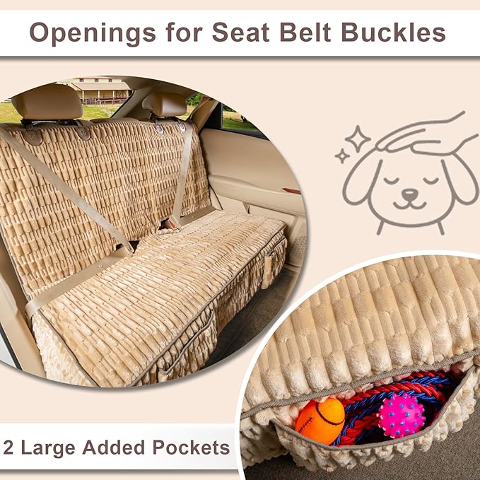 Soft Dog Back Seat Cover, Waterproof Dog Car Seat Protector with Non-Slip Bottom, Fluffy Flannel Full Protection Pet Covers on Rear Benches in Cars SUVs Small Trucks (Tan, Standard Back)