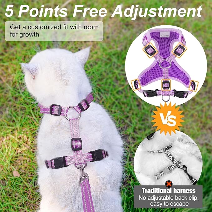 BEAUTYZOO Cat Harness, Escape Proof Cat Leash and Harness Set for Walking, Soft Breathable Vest Harness with Neck Adjustable, Reflective Easy-Control Kitten Harness for Cats (Star Design),Purple S