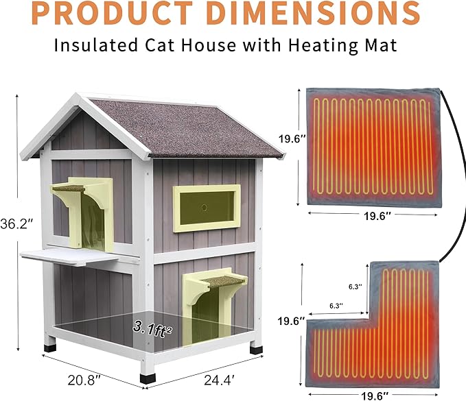 Rockever 100% Waterproof & Insulated Heated Cat House for Outdoor Cats, 2 Story Heated Cat House for Outside with Heating Pad, Elevated Outdoor Cat House, Feral Cat Shelter with Escape Door