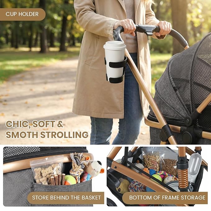 3-in-1 Dog Stroller with Rain Cover, Quick Foldable, Detachable Carrier & Car Seat, for Medium Dogs Cats Up to 50 lbs, Anti-Shock Solid Rubber Wheels, Grey