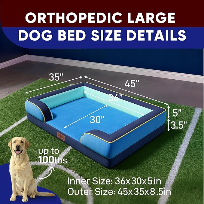 Comfort Expression Orthopedic Dog Bed for Extra Large Dogs 45x35 Inch, Waterproof Egg Crate Foam XL Pet Bed with Bolsters, Dog Couch with Washable Cover & Non-Slip Bottom, New Jersey